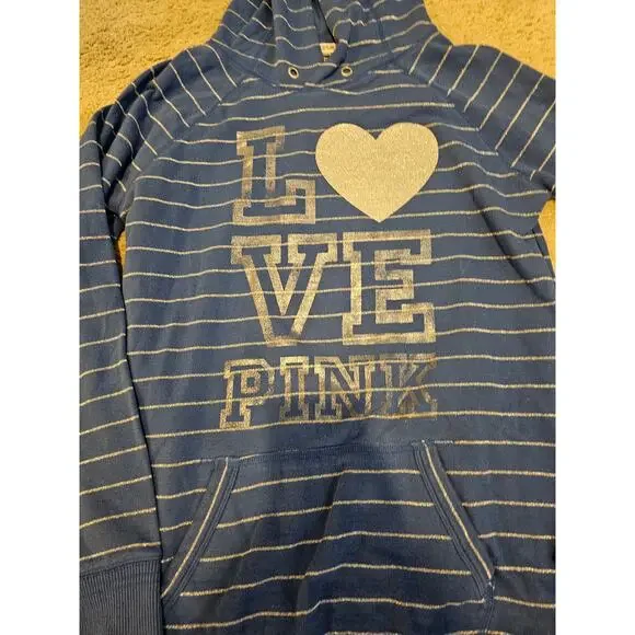VS Pink Women's Large Blue Hoodie Pullover Stripe Y2K flaw- missing drawstring - Picture 2 of 9